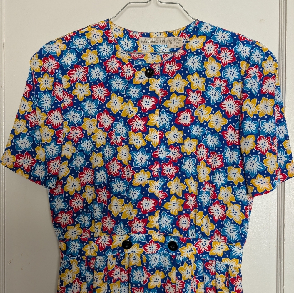 Liz Claiborne Blue Floral Button-Front Dress with Red & Yellow Accents